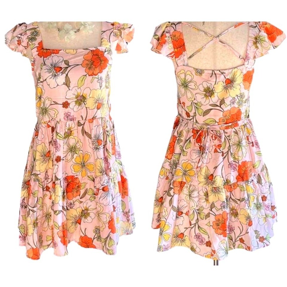 Lottie &‎ Holly BOG Collective ~ Floral Mini Dress ~Blush Rust~Square Neck~Large